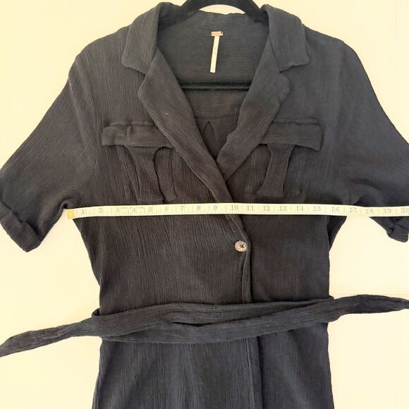 Free People Clementine Wrap Mini Dress Crinkle Fabric Black Button Front Belt XS - Picture 11 of 16